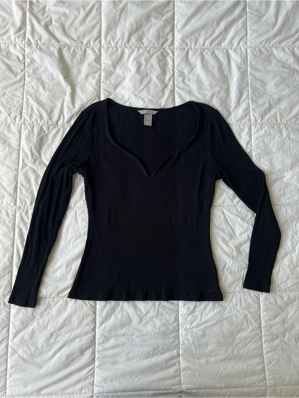 H&M Black Ribbed Long-Sleeve Curved V-Neck Top